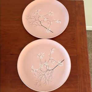 Mar-Crest Melmac Pastel Pink oriental bamboo 2 dinner plates Vtg